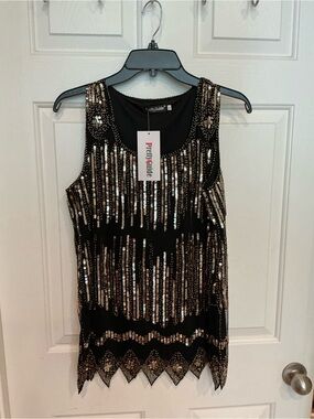 PrettyGuide Black Sequin Tank Top with Gold Accents